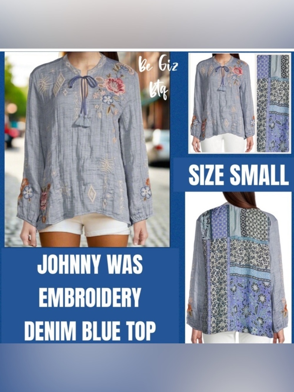 JNWT ohnny Was Umoya Patchwork Scarf Floral Embroidery Blouse Denim Blue Medium